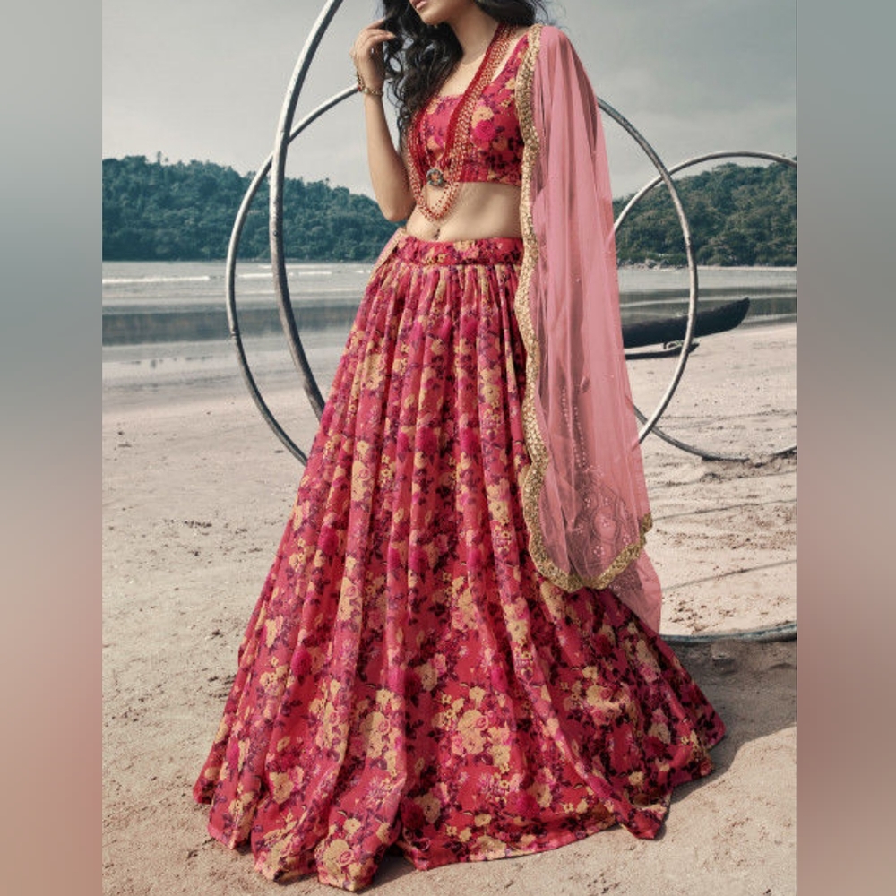 NWT Organza Lehnga in Coral Red Semi-Stitched